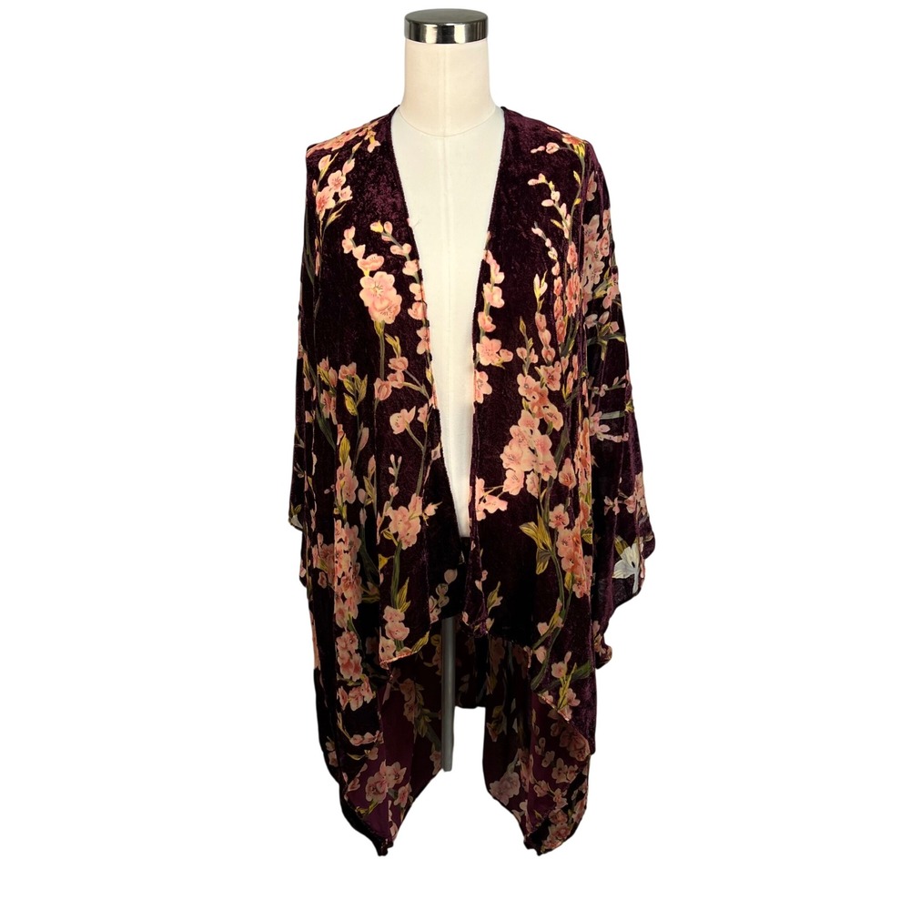 Lane Bryant Burgundy Floral Velvet Burnout Kimono Women One Size Open Front Fall